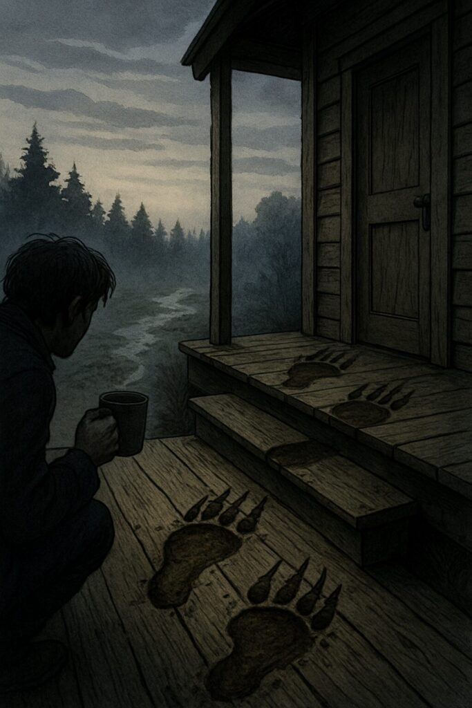 chatgpt image of man looking at mysterious muddy footprints on wooden porch
