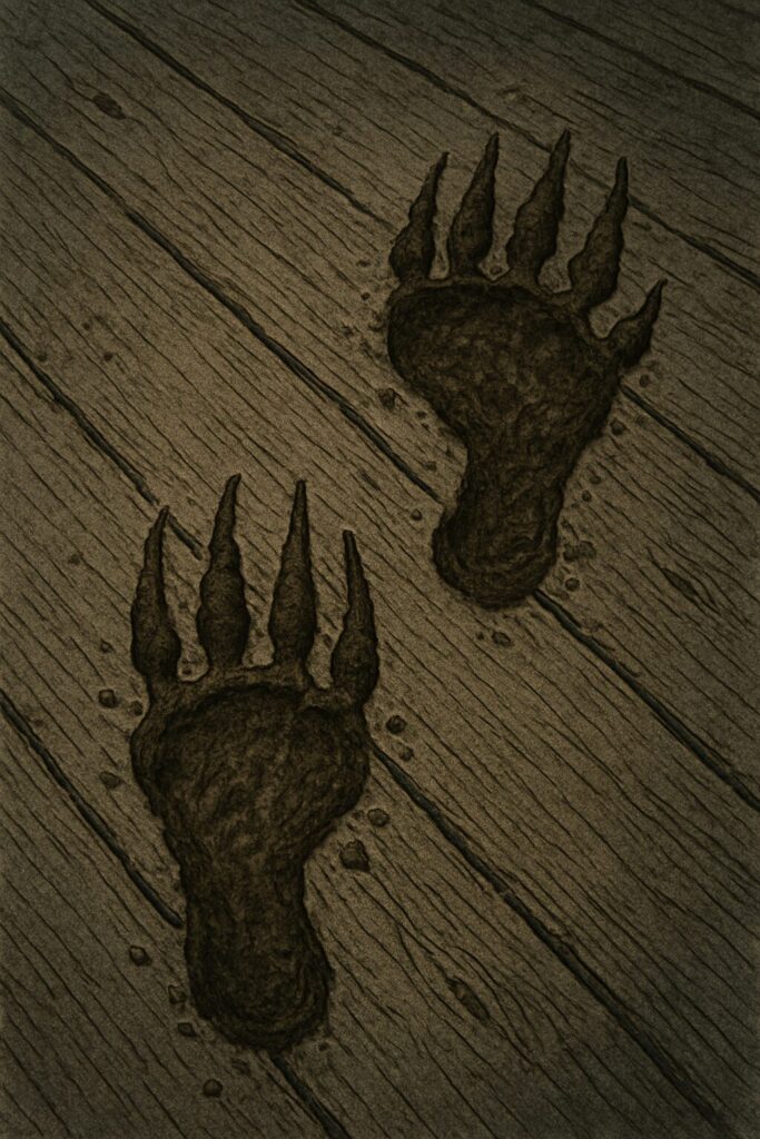 chatgpt image of close up muddy footprints on wooden porch