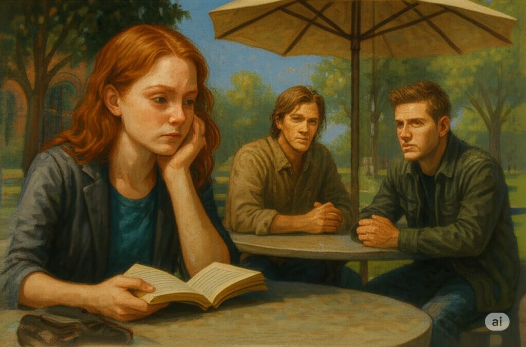 Analina at table with Sam and Dean Winchester at a table behind her