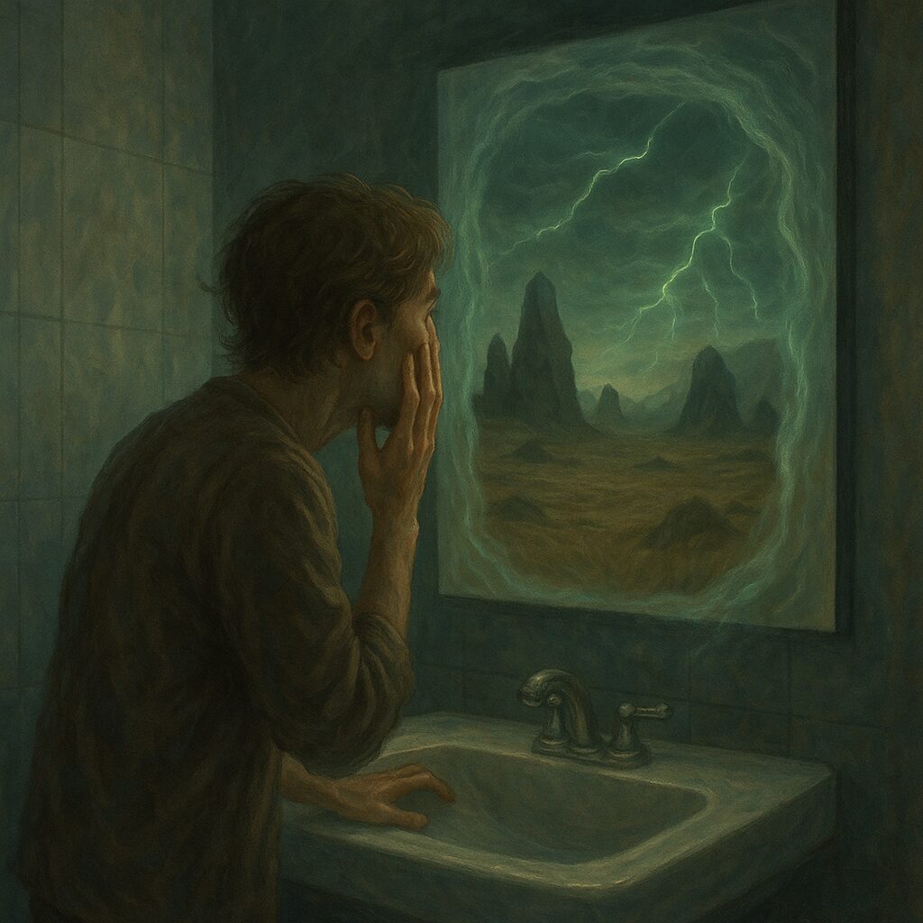 Arthur looking in bathroom mirror at the other realm