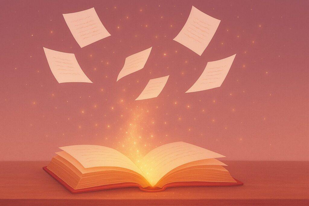open book with pages floating out