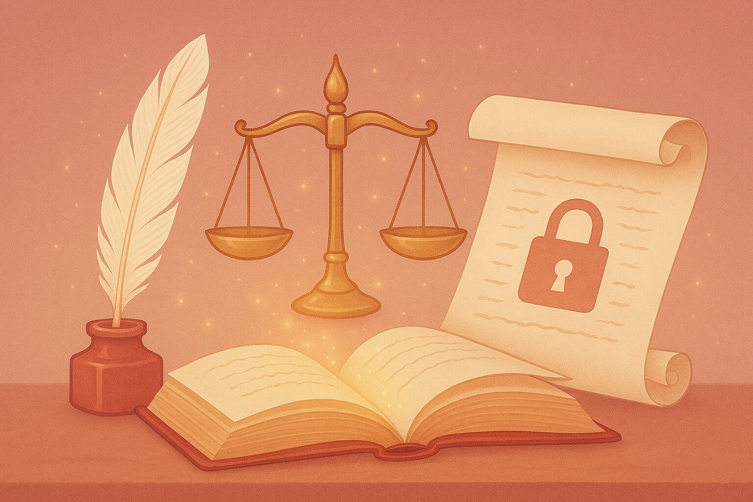 scroll, scales, lock, book