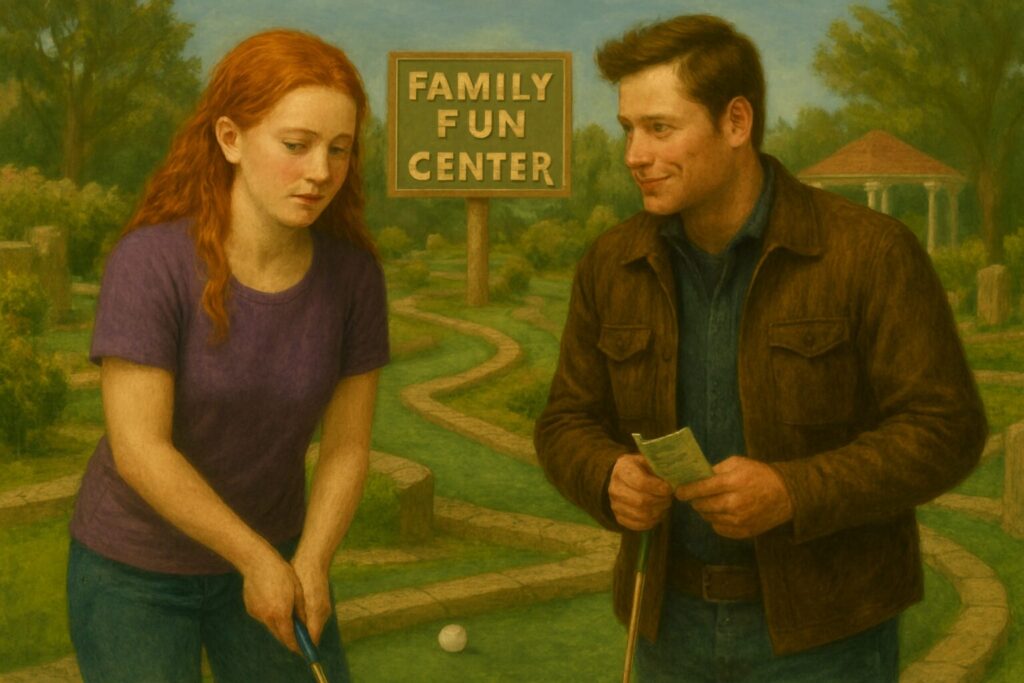 Analina and Dean are playing mini golf at a Family Fun Center