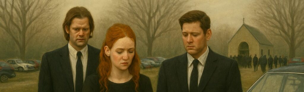 Analina, Sam, and Dean stand outside chapel at funeral