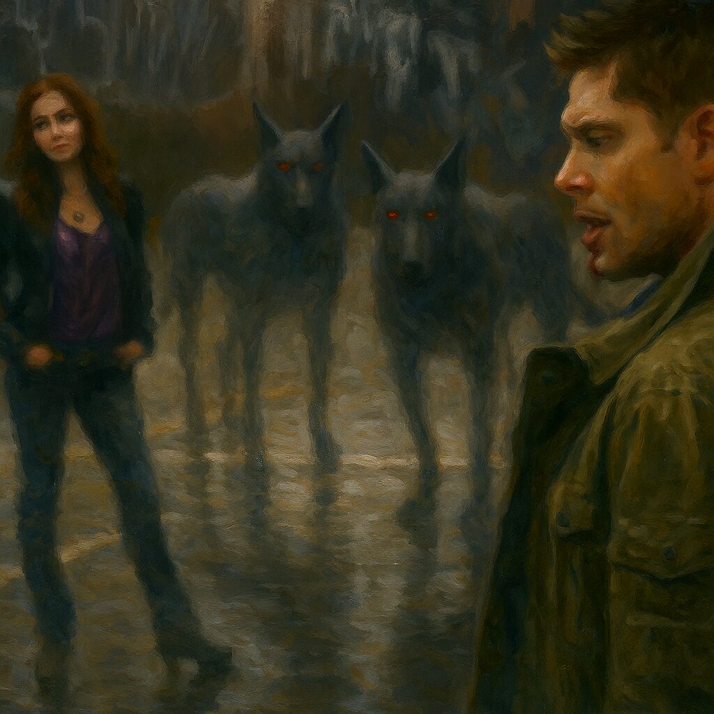 Meg and hellhounds show up. Dean in image