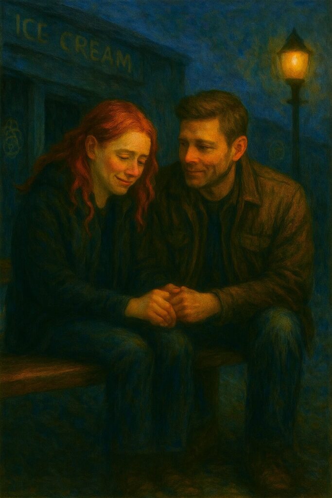 Analina and Dean talk outside a ice cream shop