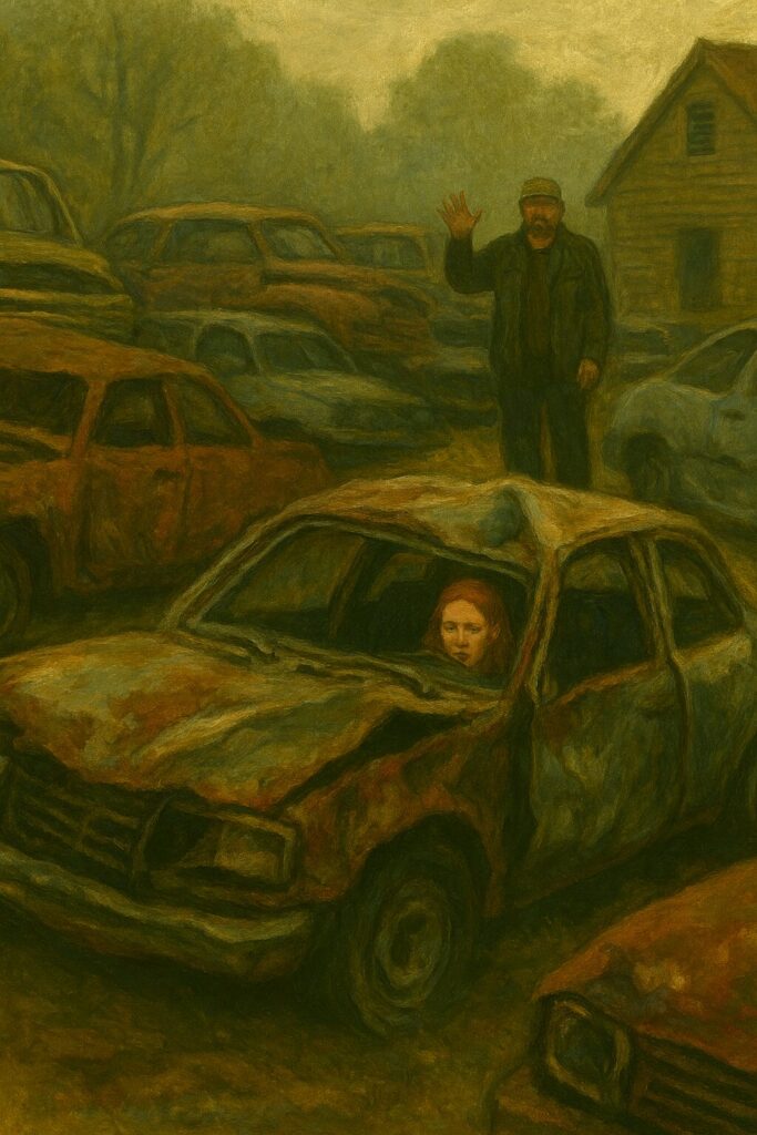 Analina hides in a beaten up car while Bobby waves goodbye