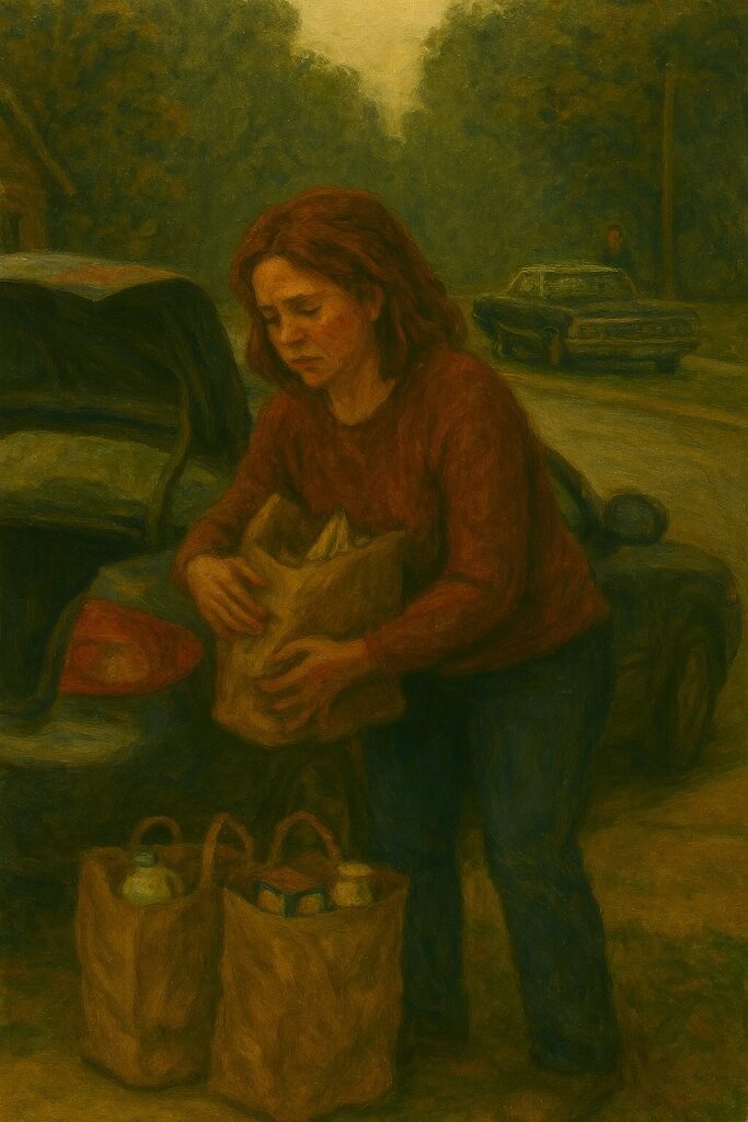 woman with groceries at the back of her trunk with the impala in the background