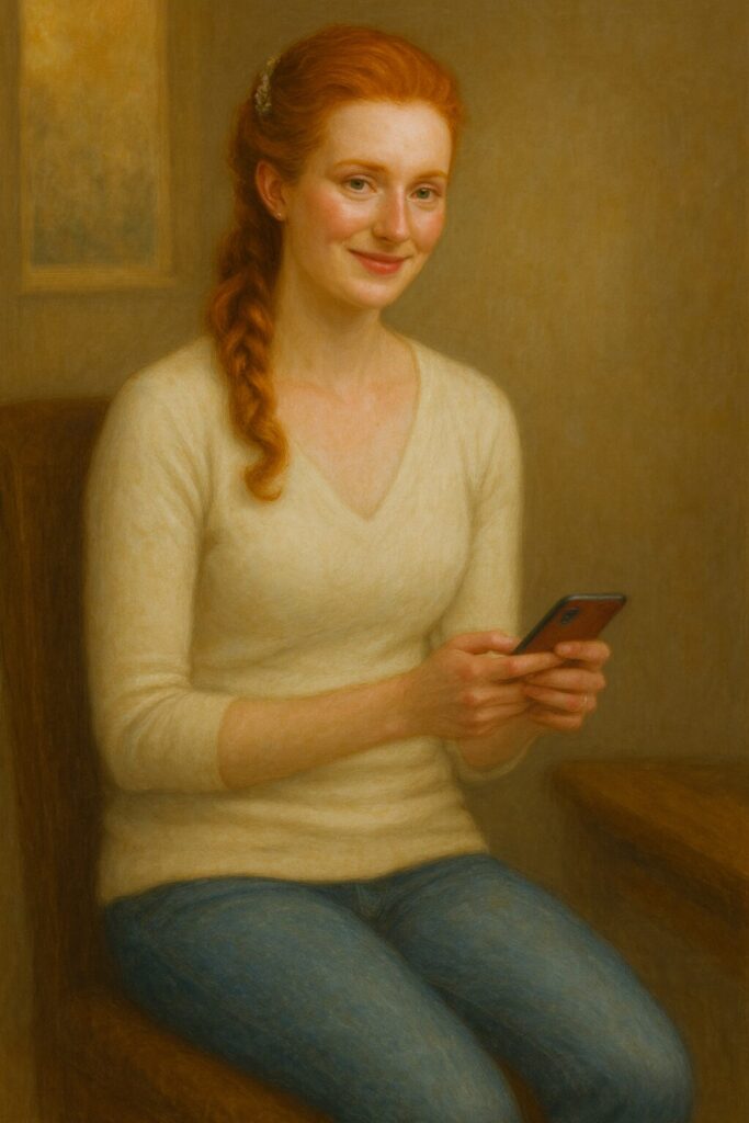 Analina on phone with hair and makeup done