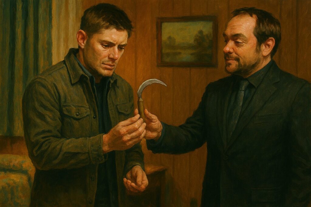 Crowley hands Dean Death's scythe