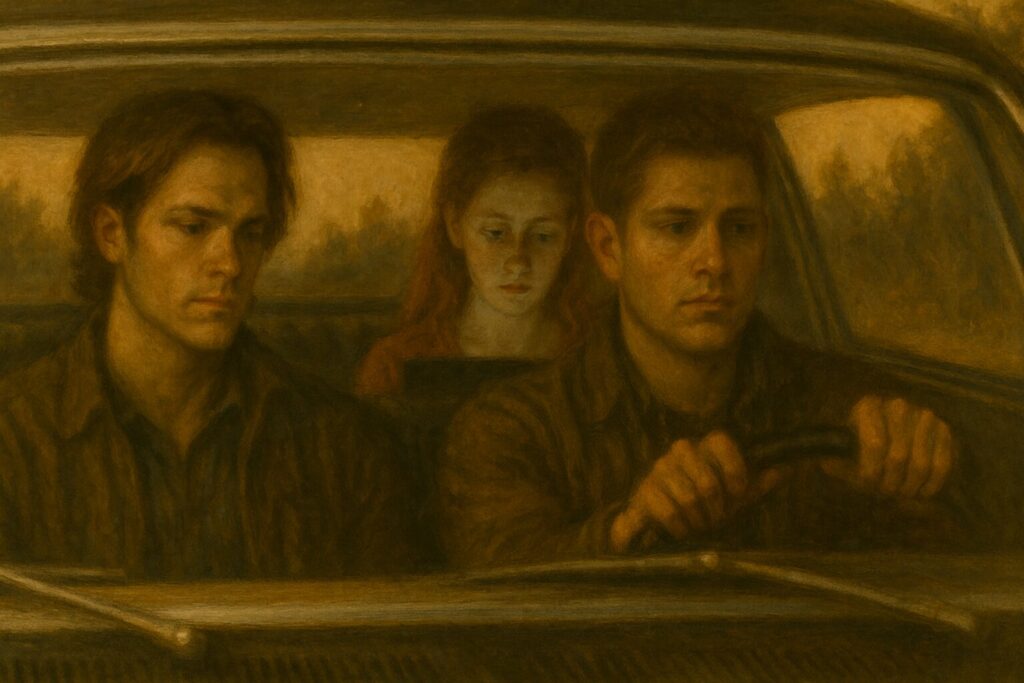 Analina types on her laptop in the backseat of the Impala. Dean drives and Sam rides in the front seat