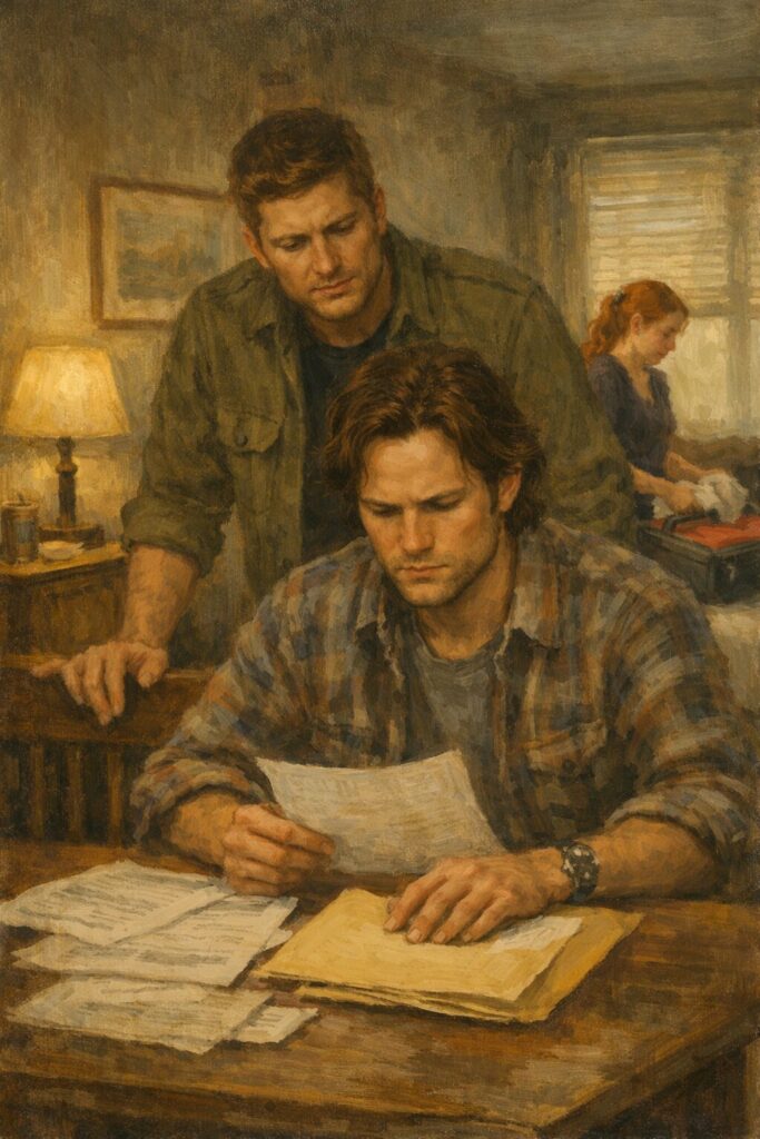 Sam shows Dean a case while Analina packs in the background