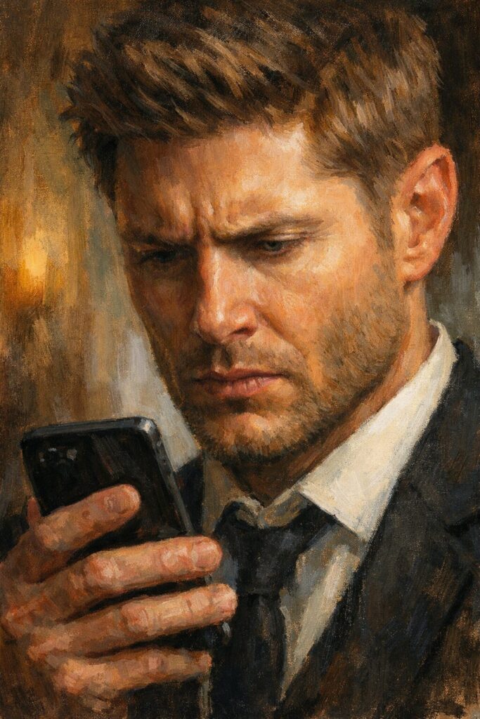 Dean looks at his phone disgruntled