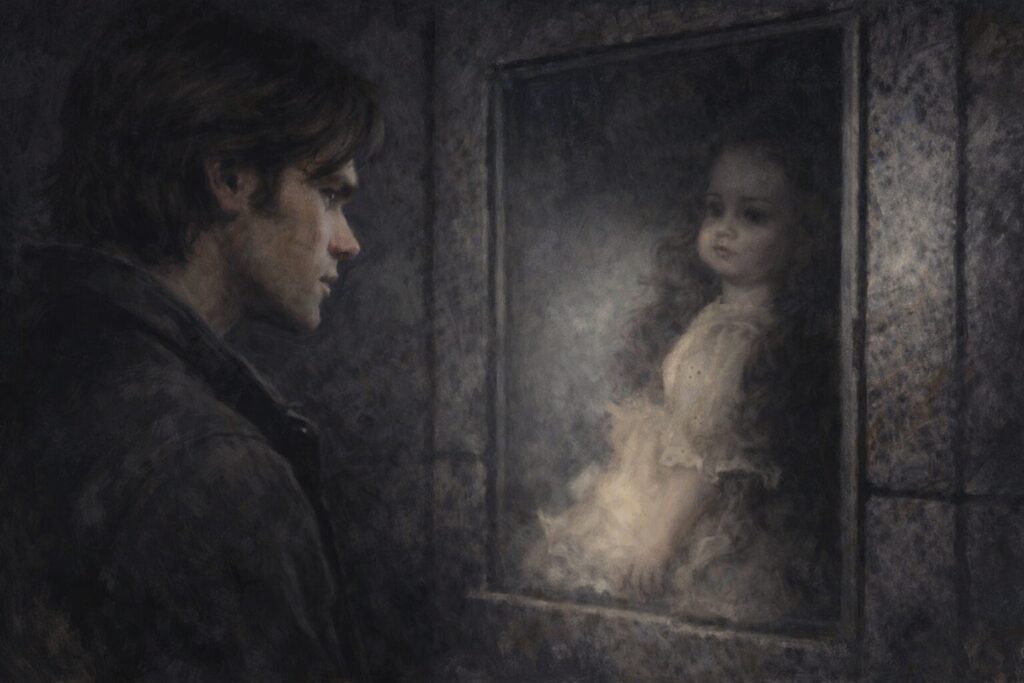 Sam looks at doll in glass case