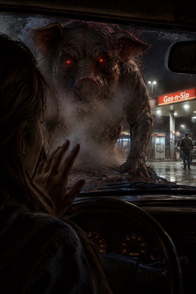 Demonic Pig looks in the windshield of a truck